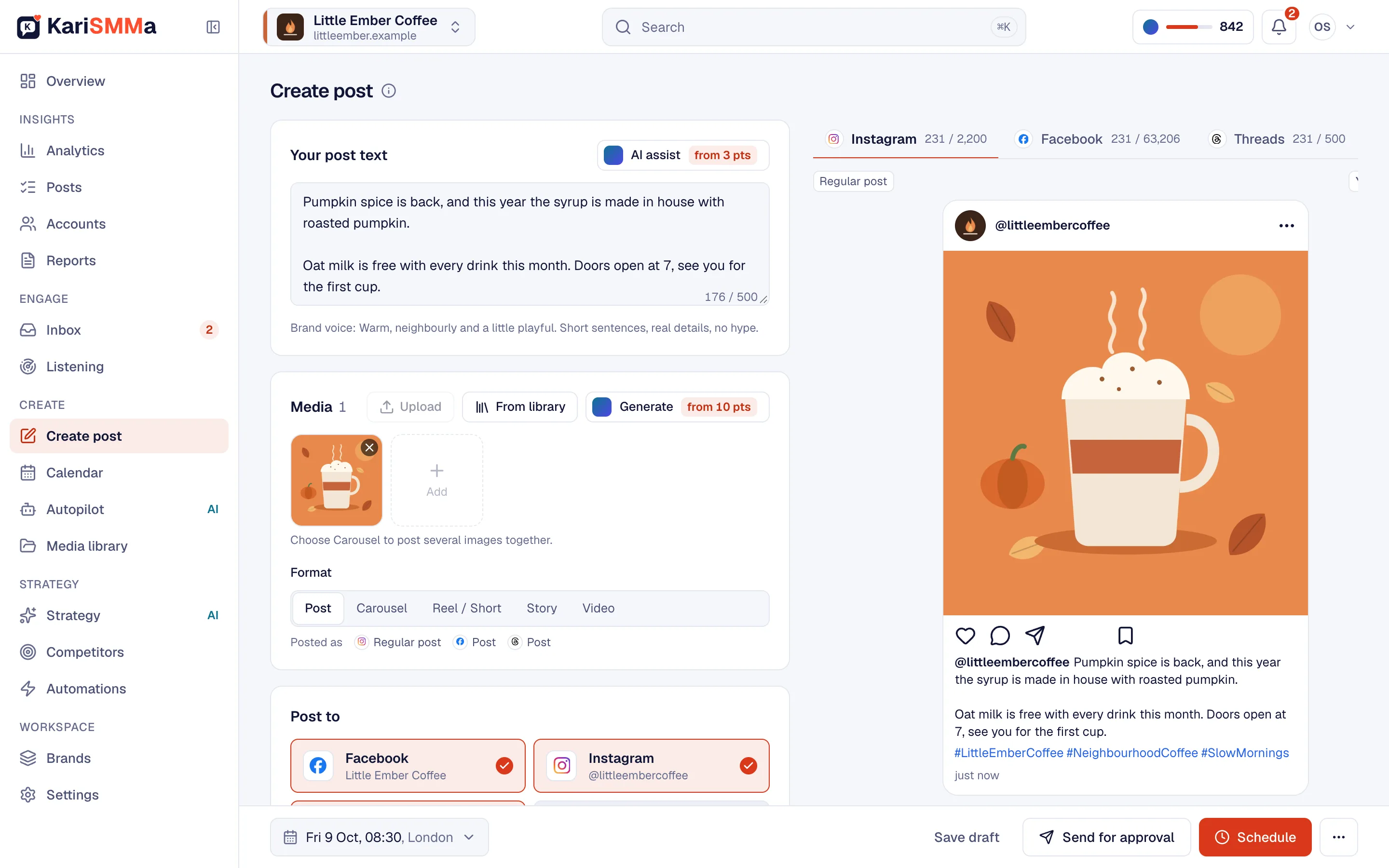 Screenshot of Create post in the KariSMMa portal: a coffee shop post with Instagram, Facebook and Threads tabs and an Instagram preview