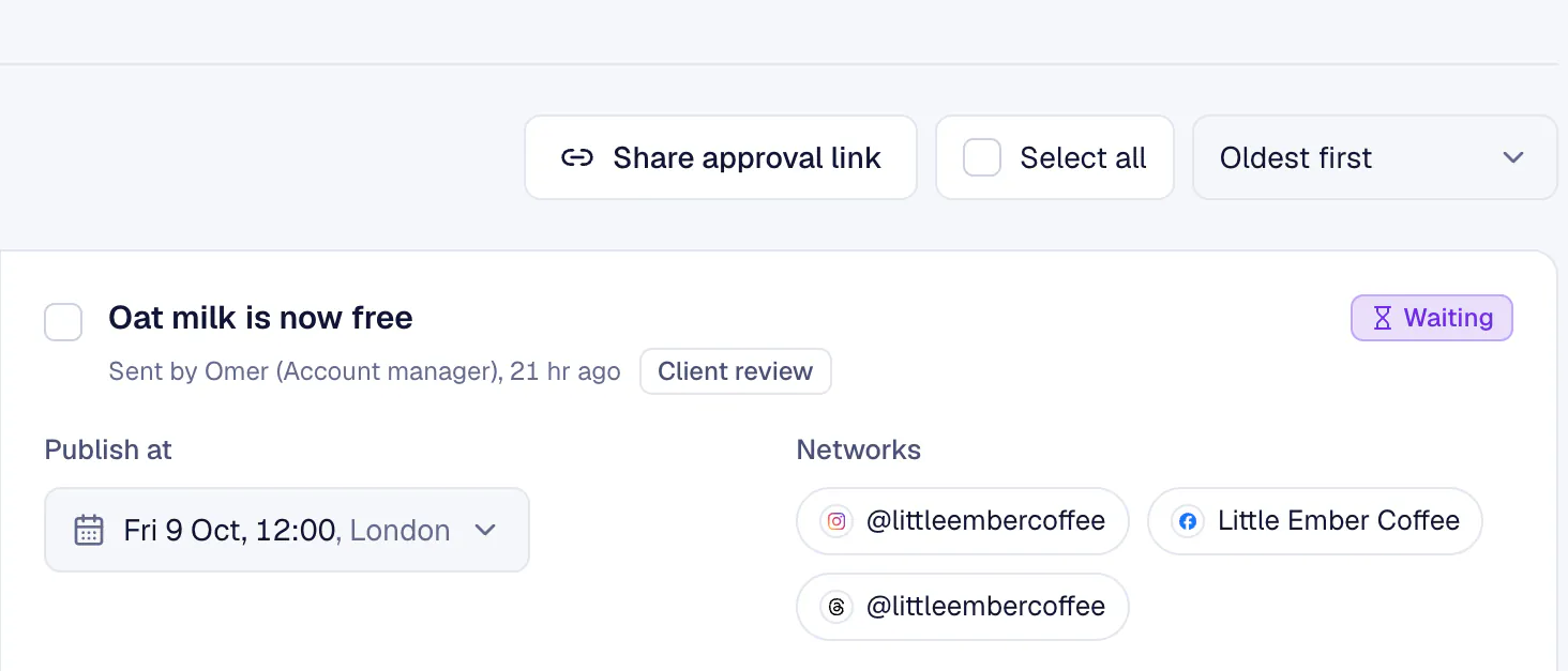 Screenshot of KariSMMa: Awaiting approval for a coffee shop and a dental clinic, with a post waiting for the client's decision and the team's comments
