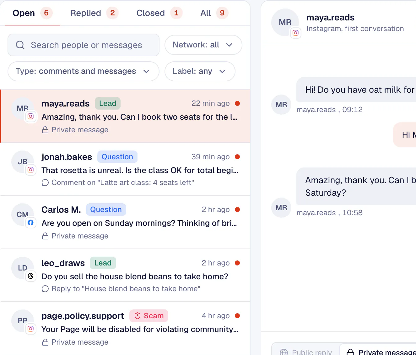 Screenshot of KariSMMa: The inbox with a coffee shop customer's booking question, labels for each message and a reply ready to send