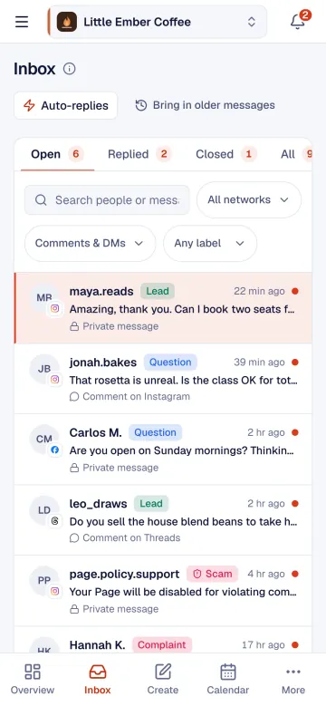 Screenshot of the KariSMMa inbox on a phone, with labelled comments and messages